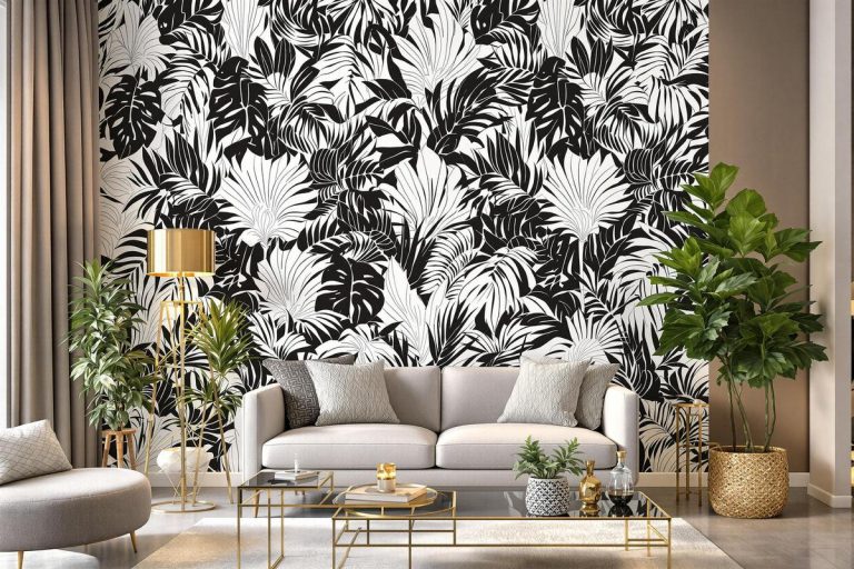 Papier peint adhésif noir et blanc art déco tropical.jpg